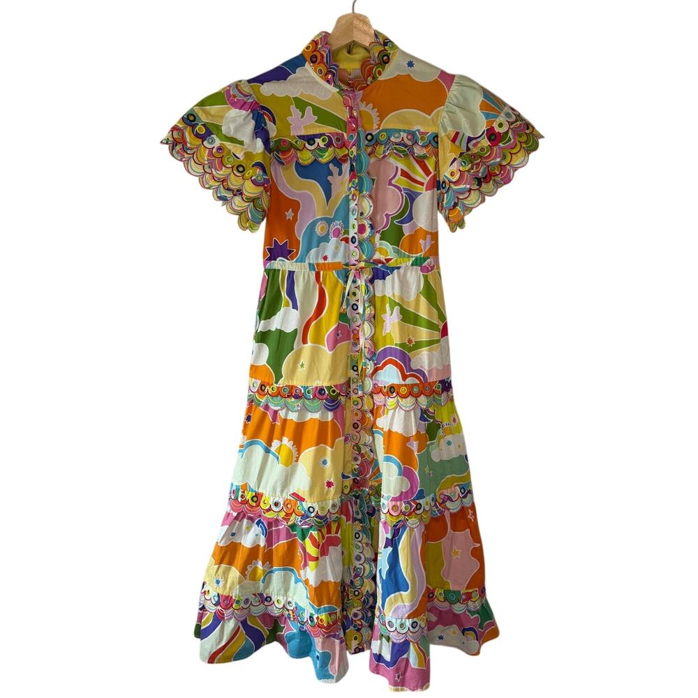 CeliaB Cordelia Multicolor Psychedelic Printed Scallop Ric-Rac Midi Dress XS